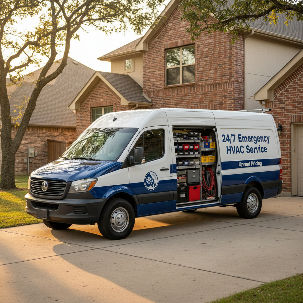 A pristine, well-organized HVAC service van wrapped in a clean white and deep-blue design with bold “24/7 Emergency HVAC Service” and “Upfront Pricing” text, parked on a smooth concrete driveway in front of a modern brick-and-stucco Texas home. The background softly suggests a quiet Austin neighborhood with mature trees and distant rooftops, blurred for emphasis. Warm golden hour light reflects off the van’s glossy paint and chrome details, casting long, gentle shadows. Photographic realism from a slightly elevated three-quarter angle captures the full side of the van and part of the home, with sharp focus throughout. The atmosphere is professional, dependable, and ready-to-respond, visually reinforcing same-day residential HVAC repair service.